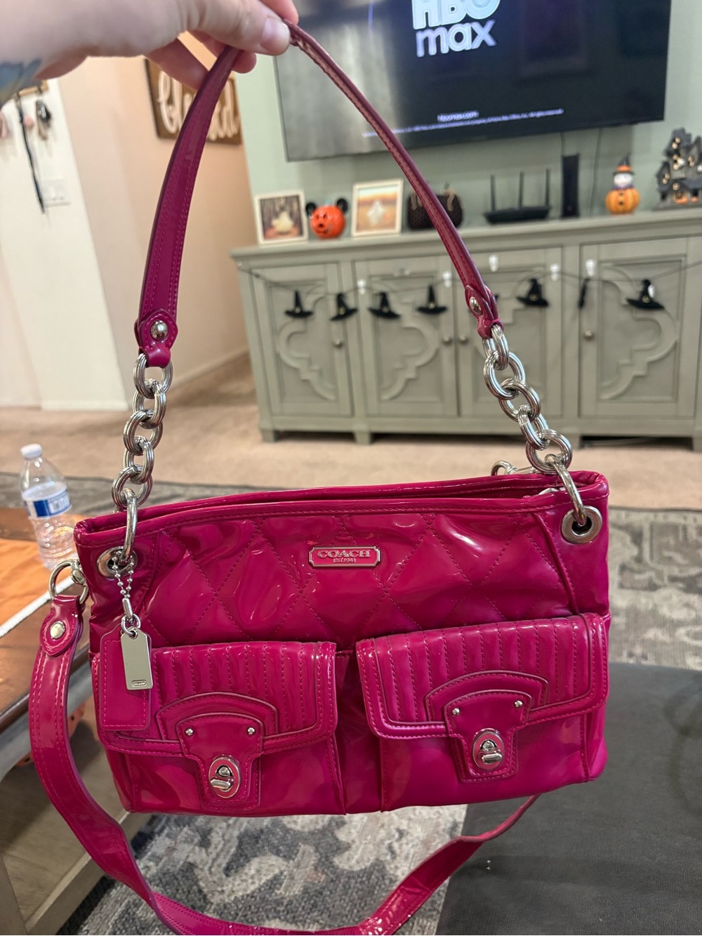 Coach Hot Pink poppy Quilted Patent leather Shoulder Bag with Dual Front Pockets